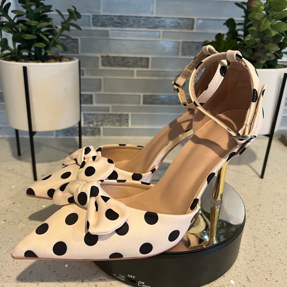 Satin Polka Dot Pattern Bow Decor Ankle Strap Pumps - Picture 5 of 11